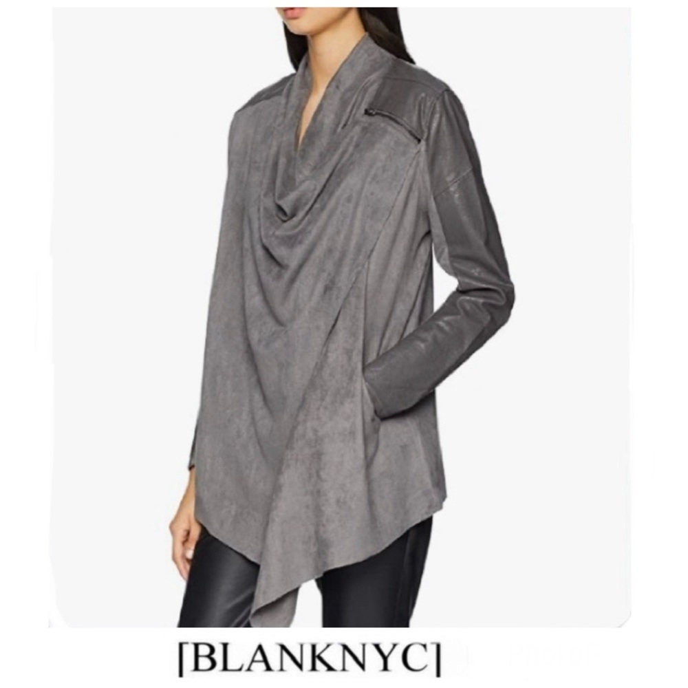 BLANK NYC Gray Faux Suede Leather Asymmetric Shoulder Zipper Draped Jacket Sz M